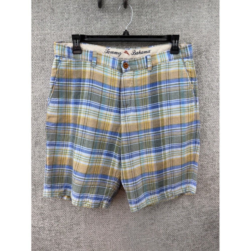Tommy Bahama Mens Size 35 Fits 36 Flat Front Plaid Linen Tencel Shorts Blue